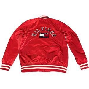 Vintage Y2k Tommy Hilfiger Bomber Red Logo Embroidery Flag Satin Jacket Varsity